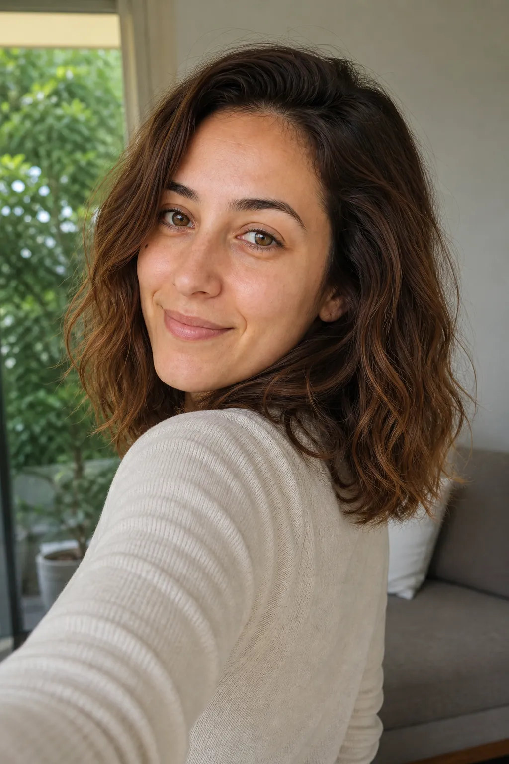 A woman taking a selfie looking back over one shoulder with the phone held above eye level, a soft over-the-shoulder selfie pose.