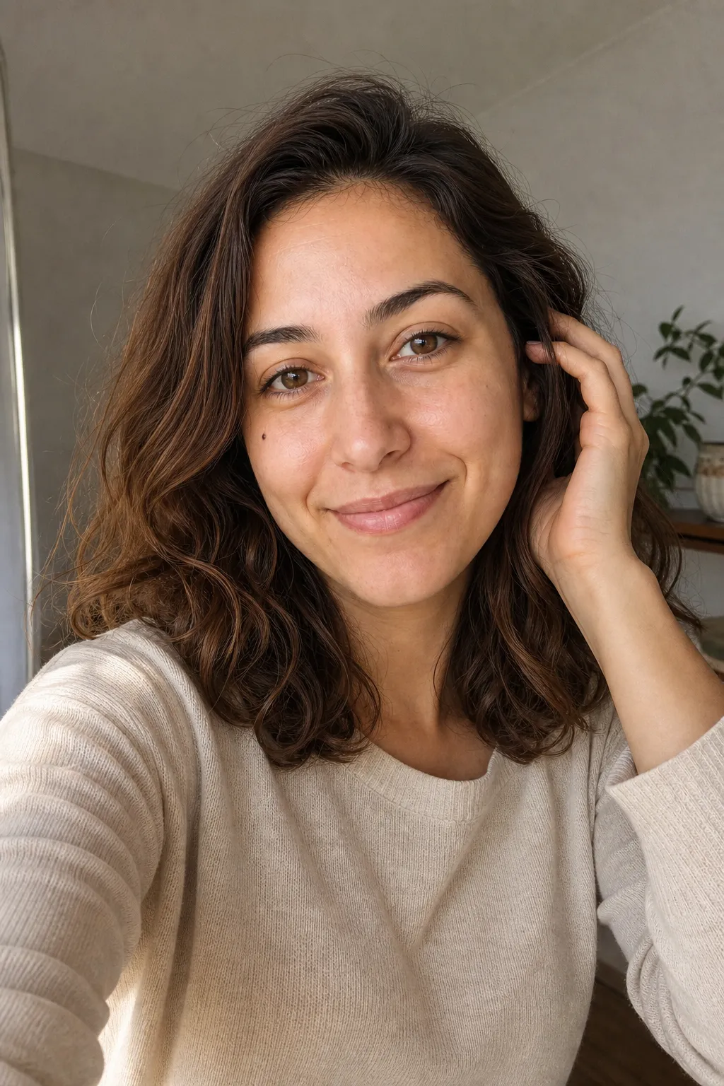 A woman taking a selfie with her free hand softly tucking a strand of hair near her temple, a relaxed selfie pose that gives the hand a job.