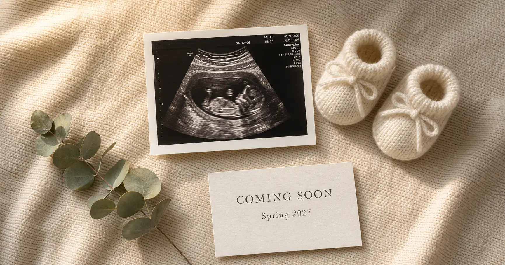 A polished overhead pregnancy announcement flat-lay with a sonogram, tiny booties, and a Coming Soon, Spring 2027 card on a cream knit blanket, ready to post.