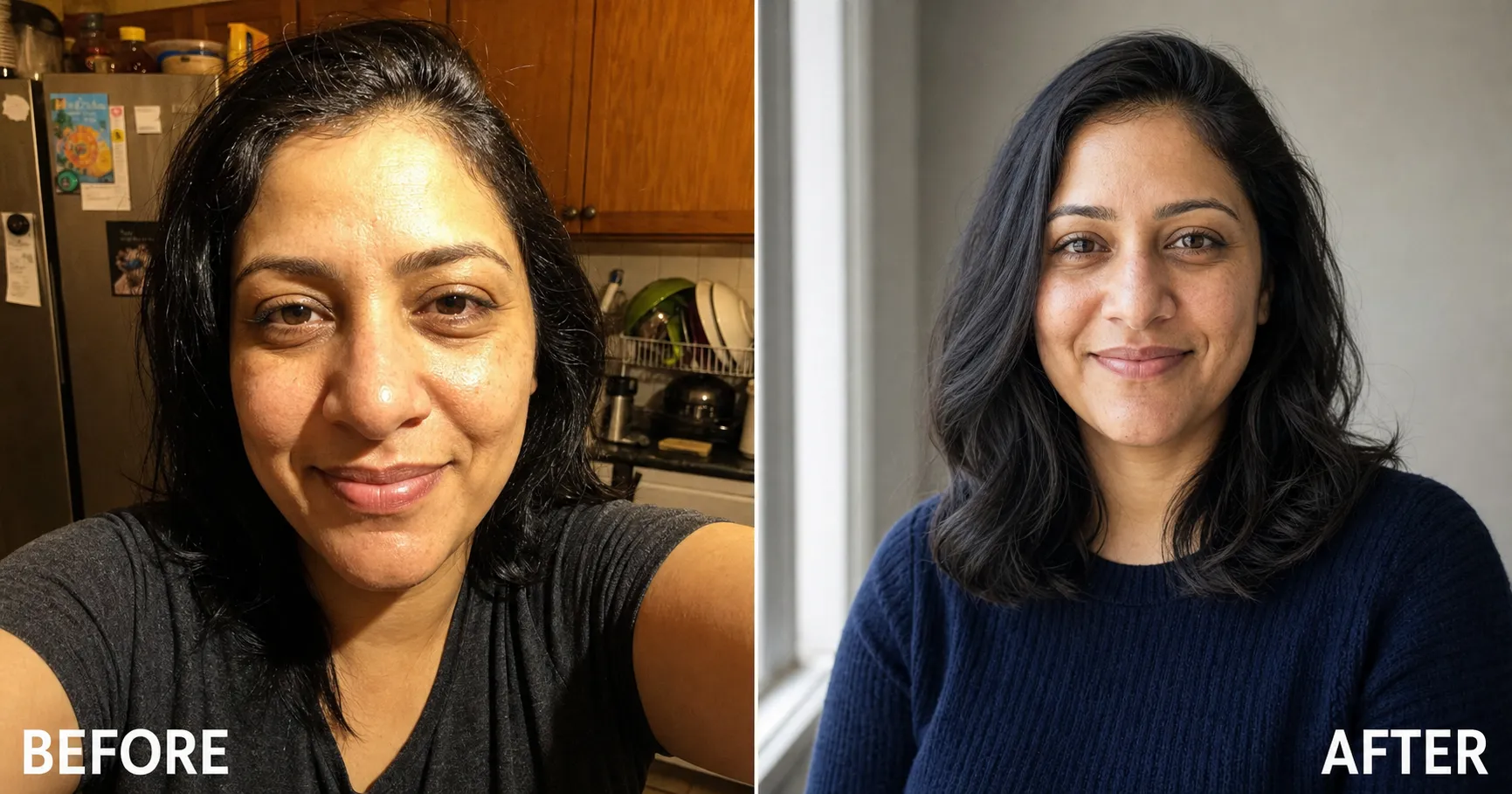 Before and after of a professional headshot taken at home: left, a cropped kitchen selfie under harsh yellow overhead light with an enlarged-nose close-up and cluttered background; right, the same person as a clean window-light professional headshot with no photographer.