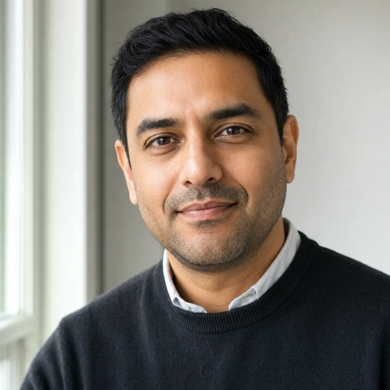 A clean professional headshot taken at home with soft window light: a man in a charcoal knit sweater against a defocused light-grey wall, natural skin texture, the kind of result the at-home setup plus the right prompt produces.