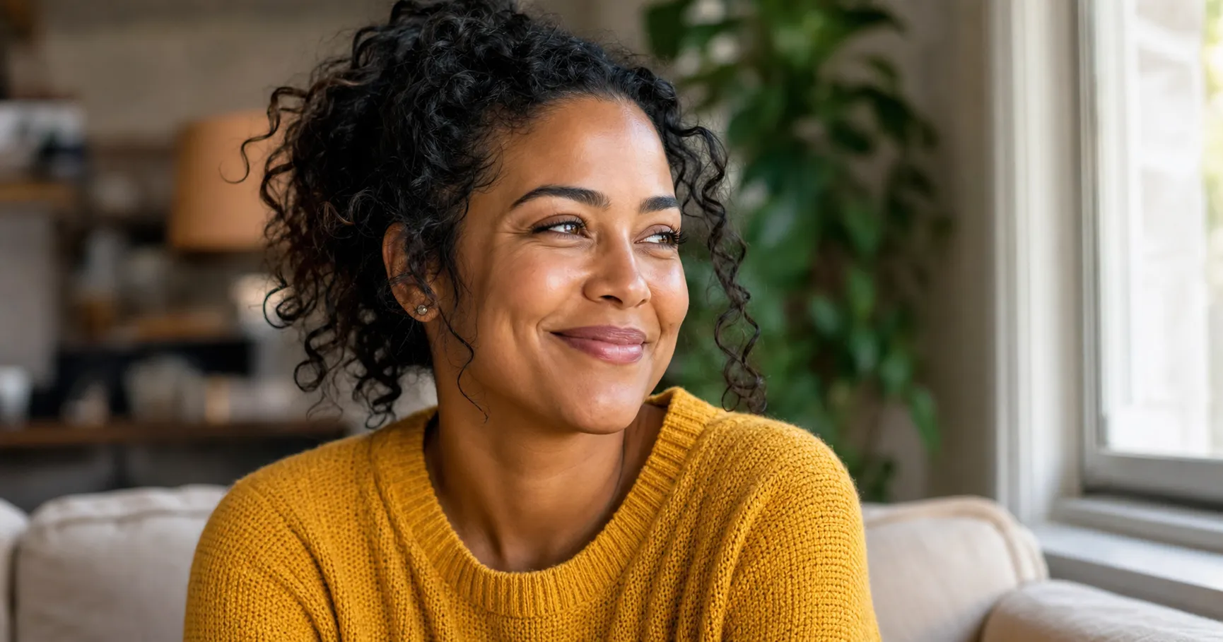 A relatable woman by a window at home with a genuine, eyes-engaged smile in soft daylight, the kind of warm real smile a good photo captures.