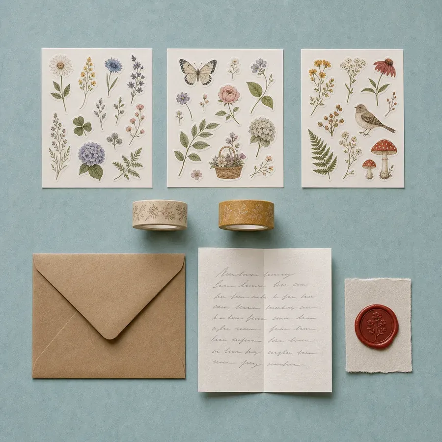Stationery set flat lay with consistent brand colors