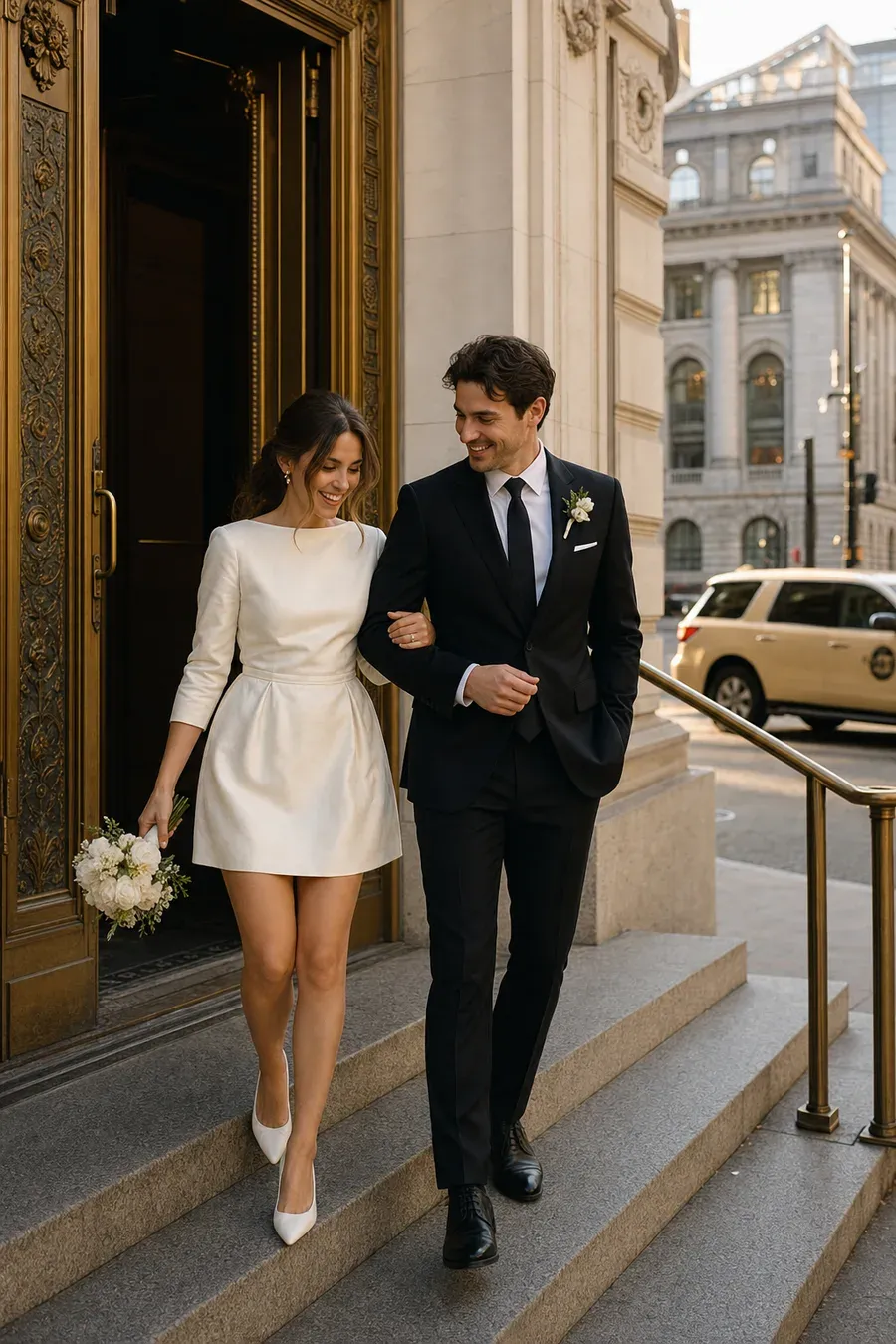 Bride in an ivory mini dress on wide city hall steps, shot from a low angle