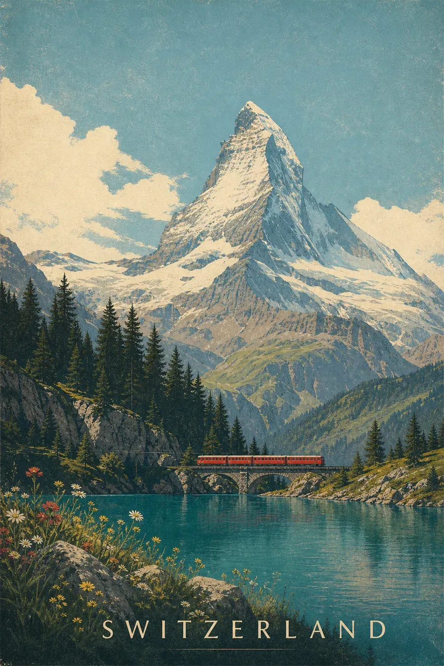 Swiss Alps vintage travel poster with warm retro colors and bold typography