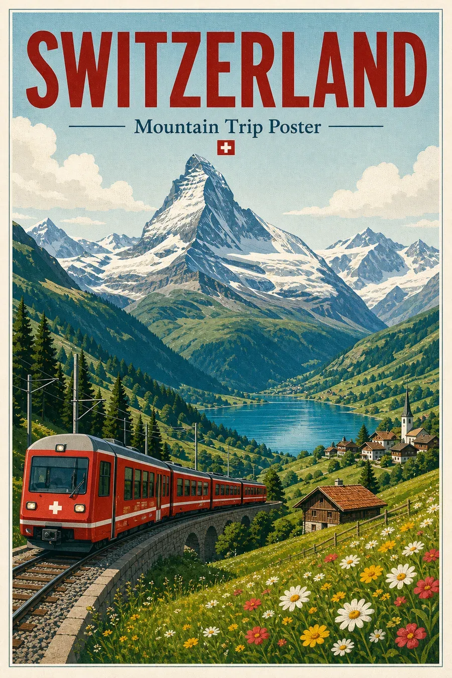 Switzerland mountain trip poster with lake and alpine peaks