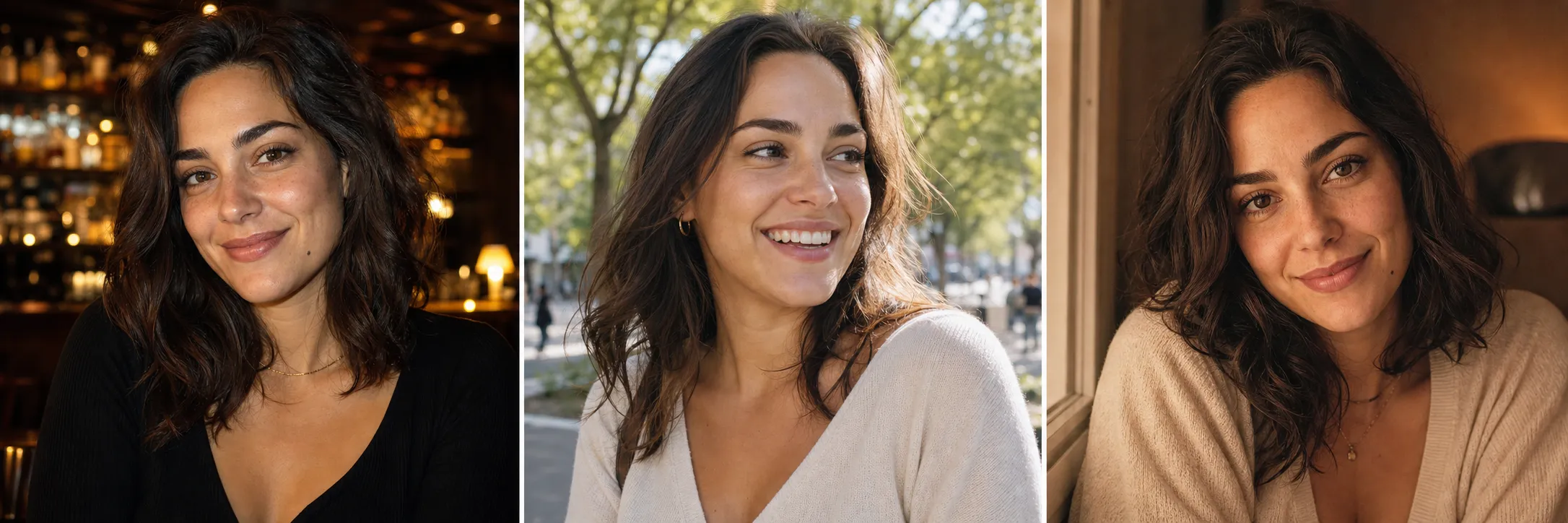 A three-panel showcase of the same woman from one selfie: left, a date-night photo in a warm bar; center, a relaxed outdoor candid in daylight with an easy smile; right, an intimate warm indoor crush photo, the same recognizable face across all three.