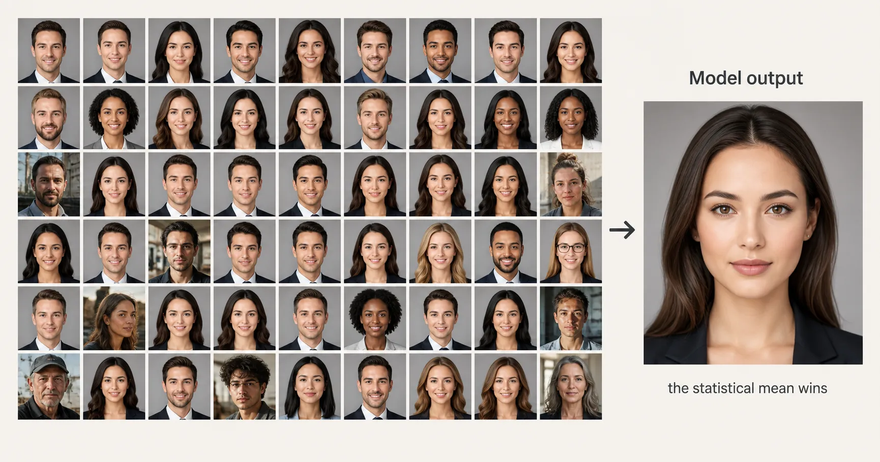 Stylized illustration of an AI image model's training distribution: a stack of retouched stock-portrait magazine covers, advertising headshots, and editorial reels feeding into the model, with airbrushed porcelain skin as the dominant signal pulled forward into the model's default output for "face."