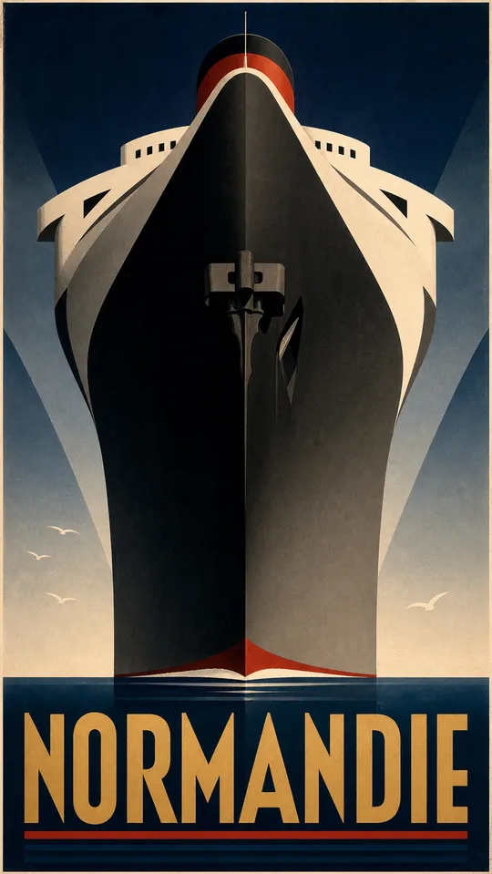 An Art Deco Cassandre-style ocean-liner travel poster titled Normandie, made with AI.