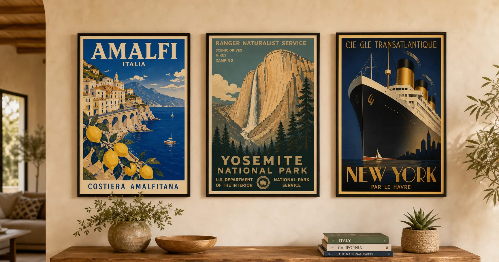 A vibrant 1950s-style screen-print travel poster of the Amalfi Coast with a white convertible on a cliff road, a pastel village, a blue sea with sailboats, and lemon branches framing the foreground, titled AMALFI COAST.