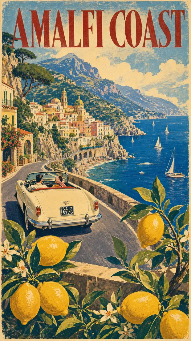 A vibrant 1950s European screen-print travel poster of the Amalfi Coast.