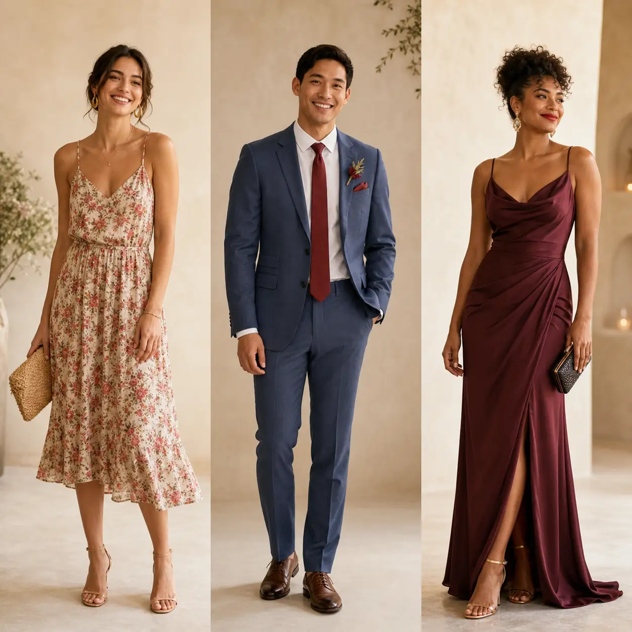 Three wedding-guest looks side by side rising in formality, from a casual daytime sundress to knee-length cocktail attire to a formal floor-length evening look, in soft natural light.