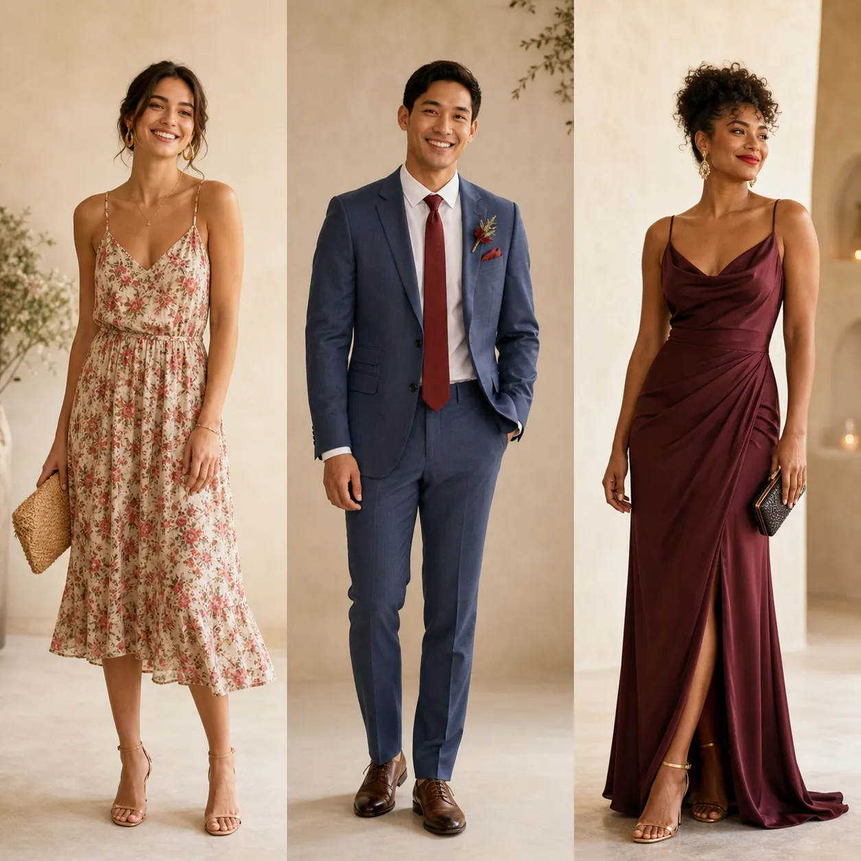 Three wedding-guest looks side by side rising in formality, from a casual daytime sundress to knee-length cocktail attire to a formal floor-length evening look, in soft natural light.