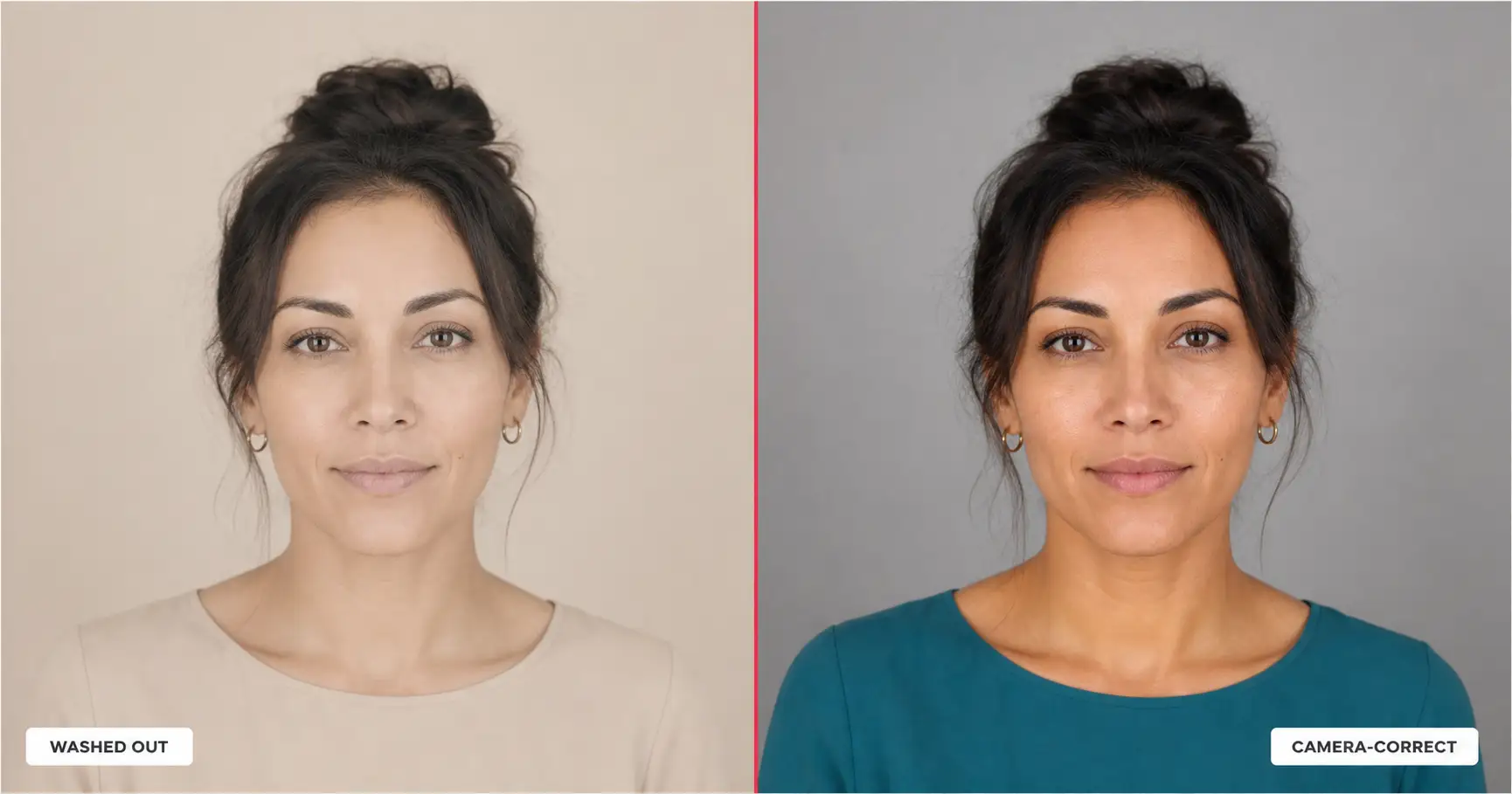 Side-by-side professional headshot comparison of the same woman, left in a pale beige top dissolving into a matching pale backdrop and looking washed out, right in a mid-saturation teal top against a neutral mid-gray backdrop with clean separation and vivid skin, illustrating how wardrobe color and background contrast decide whether a headshot reads well.