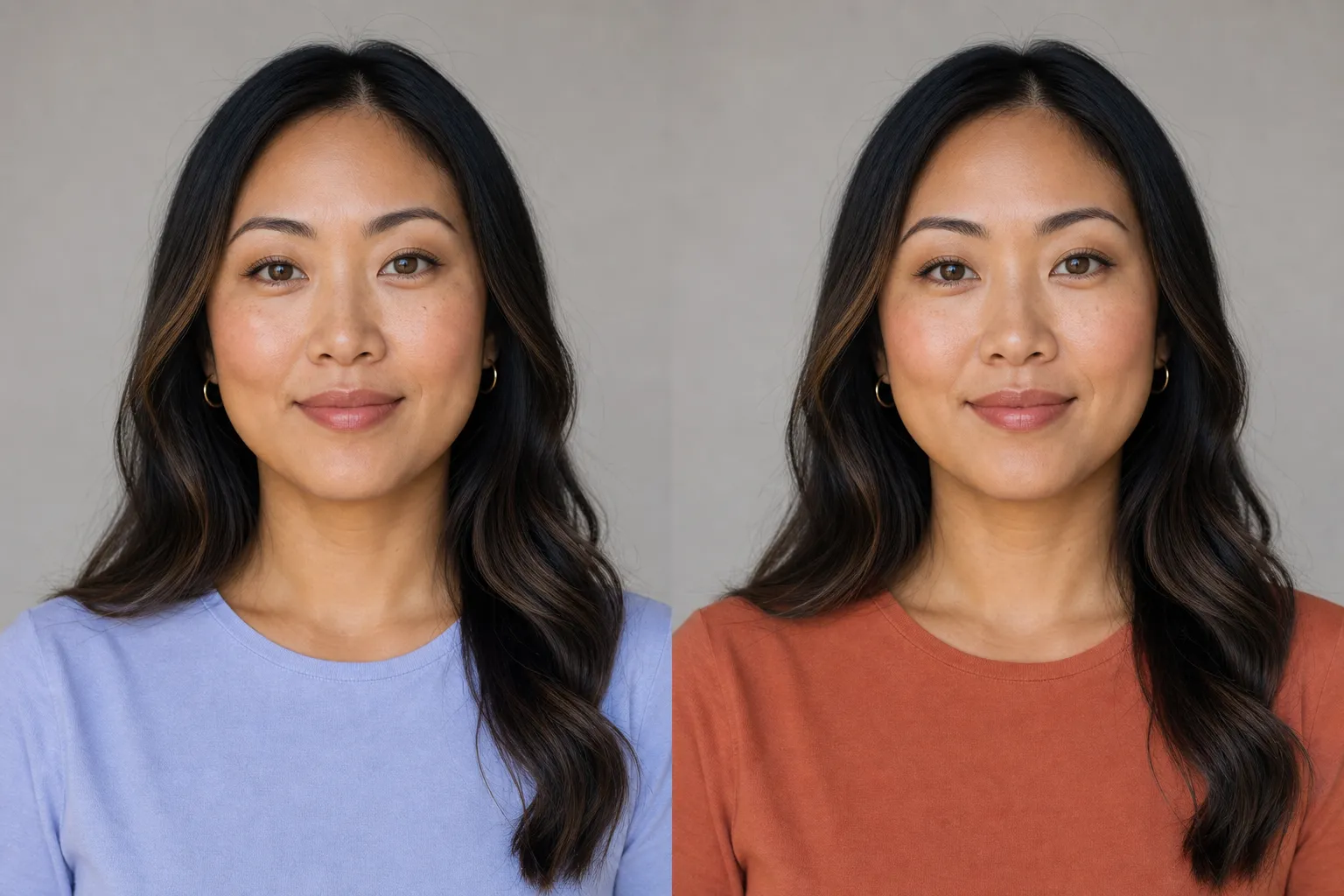 The same warm-undertone person shown twice in identical framing, on the left in an icy lavender-blue top that looks washed out, on the right in a warm terracotta top that makes the skin look healthy and vivid.