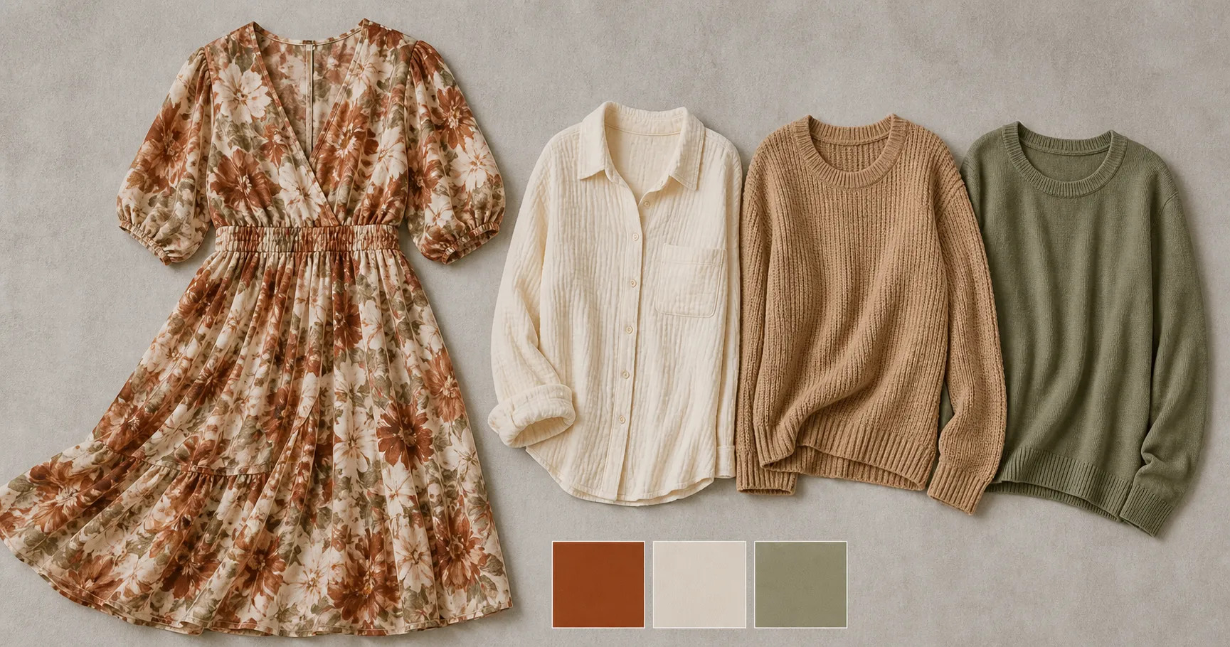 A flowing rust and cream floral dress laid flat as the family anchor piece, with three solid garments beside it in rust, cream and sage pulled from the dress colors, plus a small strip of three matching swatches.