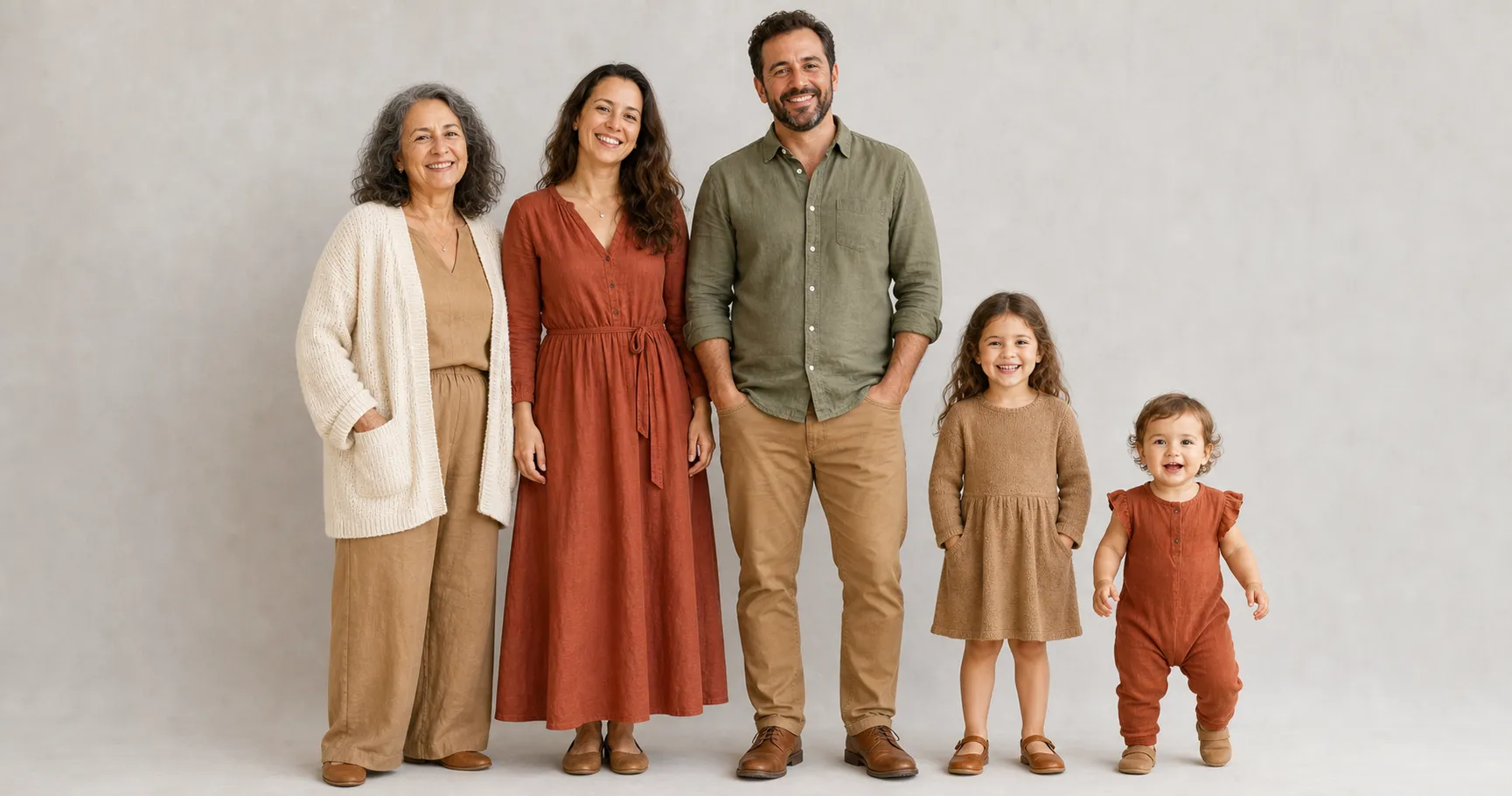 The same family shown age by age, a grandmother, two parents, a young child and a toddler, each wearing a different color from one shared warm palette in a garment that suits their age, against a soft neutral backdrop.