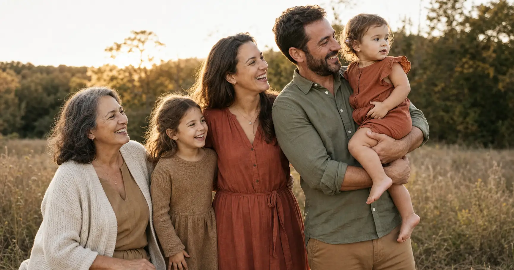 A family of five across ages in coordinated but not matching outfits from one shared warm palette, a grandparent, two parents, a young child and a toddler, standing close together outdoors in soft golden-hour light.