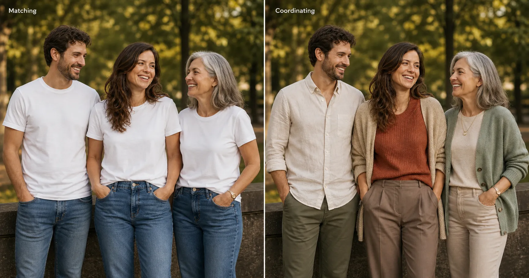 A split comparison of the same group of three, on the left in matching white tops and jeans reading as a uniform, on the right in one coordinated warm palette with each person in a different color reading as a real group.