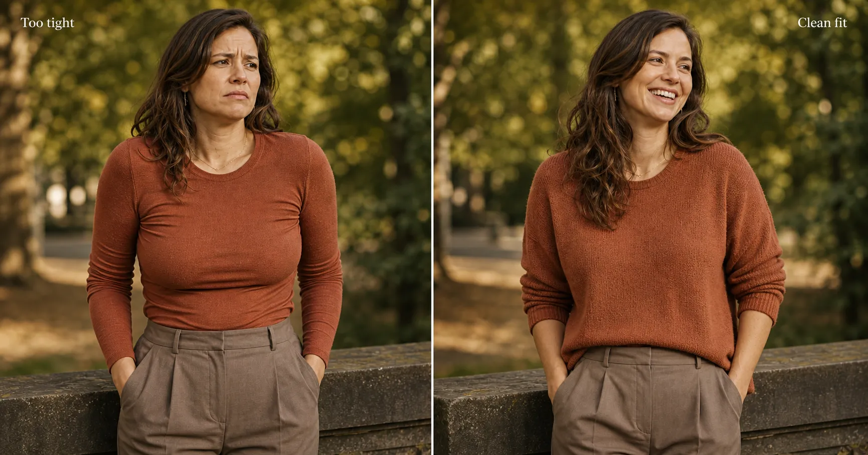 A side-by-side of the same woman in the same color, on the left in a top that is too tight and pulling at the seams looking stiff, on the right in a top in a clean fit that skims her frame and lets her stand at ease.