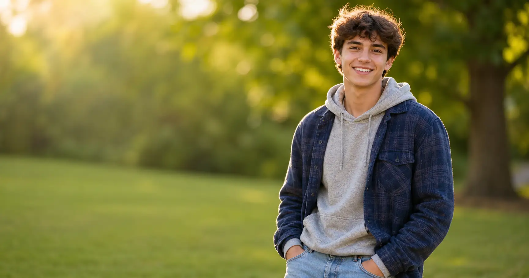 A high-school senior standing outdoors in soft evening light, relaxed and smiling, dressed in their own everyday style against a blurred green park background.