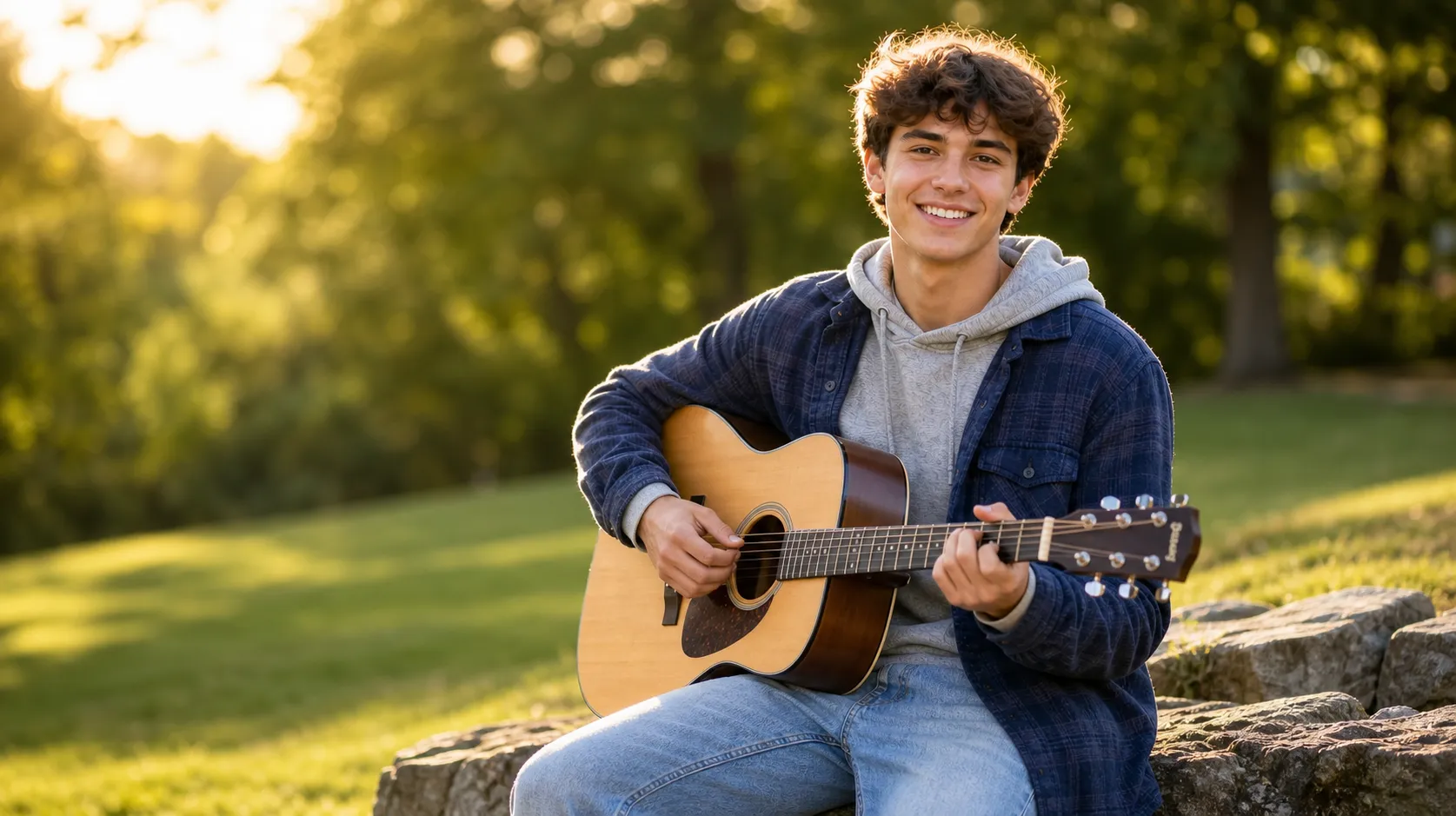 The same high-school senior sitting outdoors holding a guitar in their own everyday clothes, relaxed and at ease, the instrument turning a posed portrait into a photo that feels like them.
