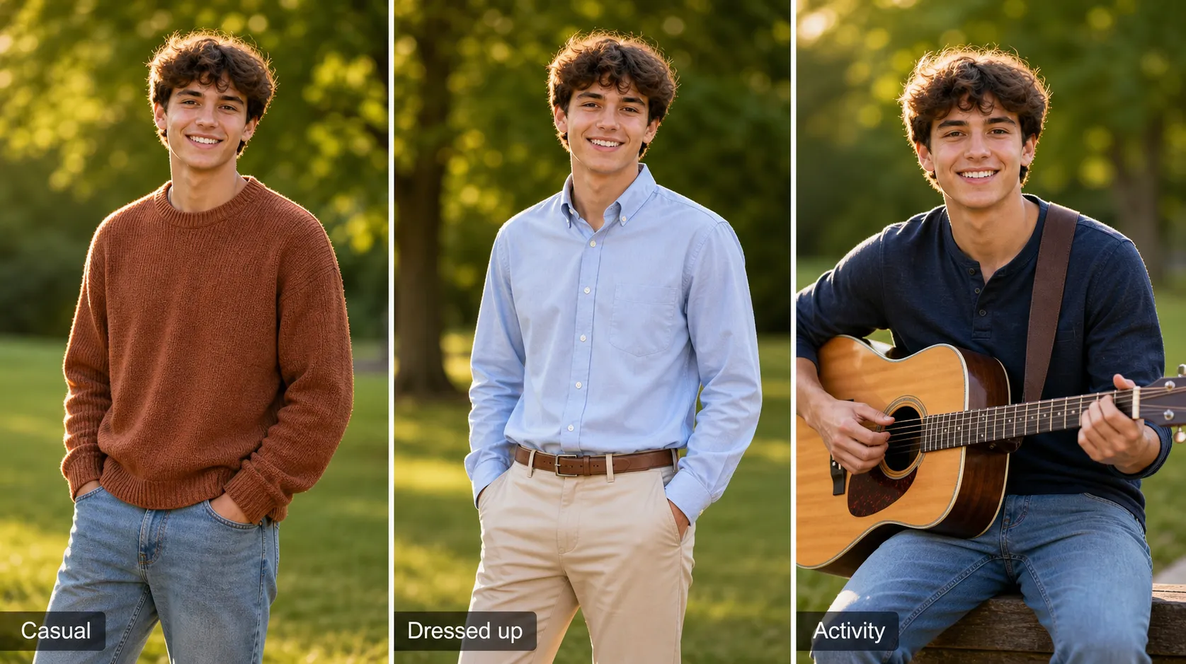 The same high-school senior shown in three looks side by side, on the left a casual jeans and knit-sweater outfit, in the middle a dressed-up button-down and trousers, on the right an activity look holding a guitar.