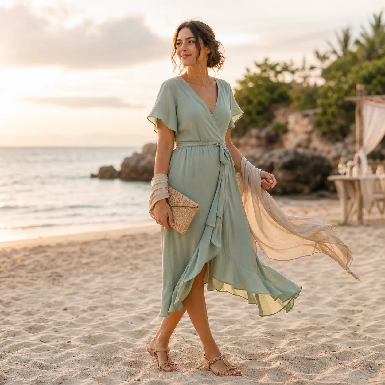 A wedding guest in a breathable pastel midi dress and flat sandals standing on sand in soft golden light at a beach wedding