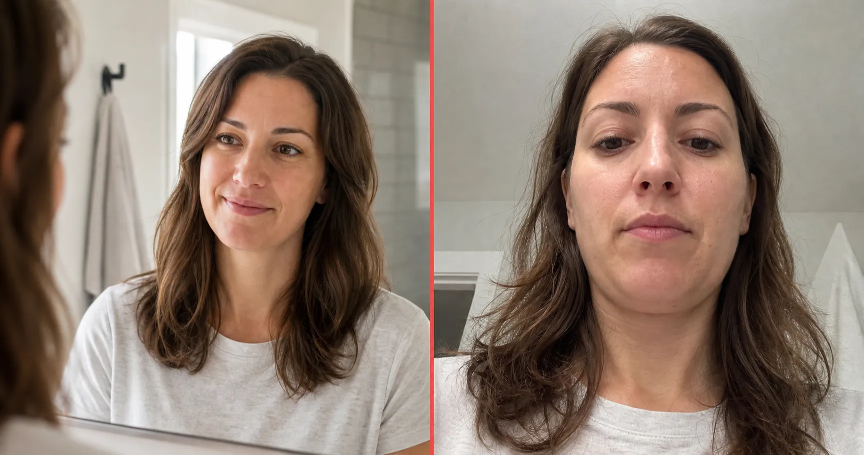An everyday woman who looks good in her bathroom mirror on the left but off in a close phone photo on the right, the gap this article explains.