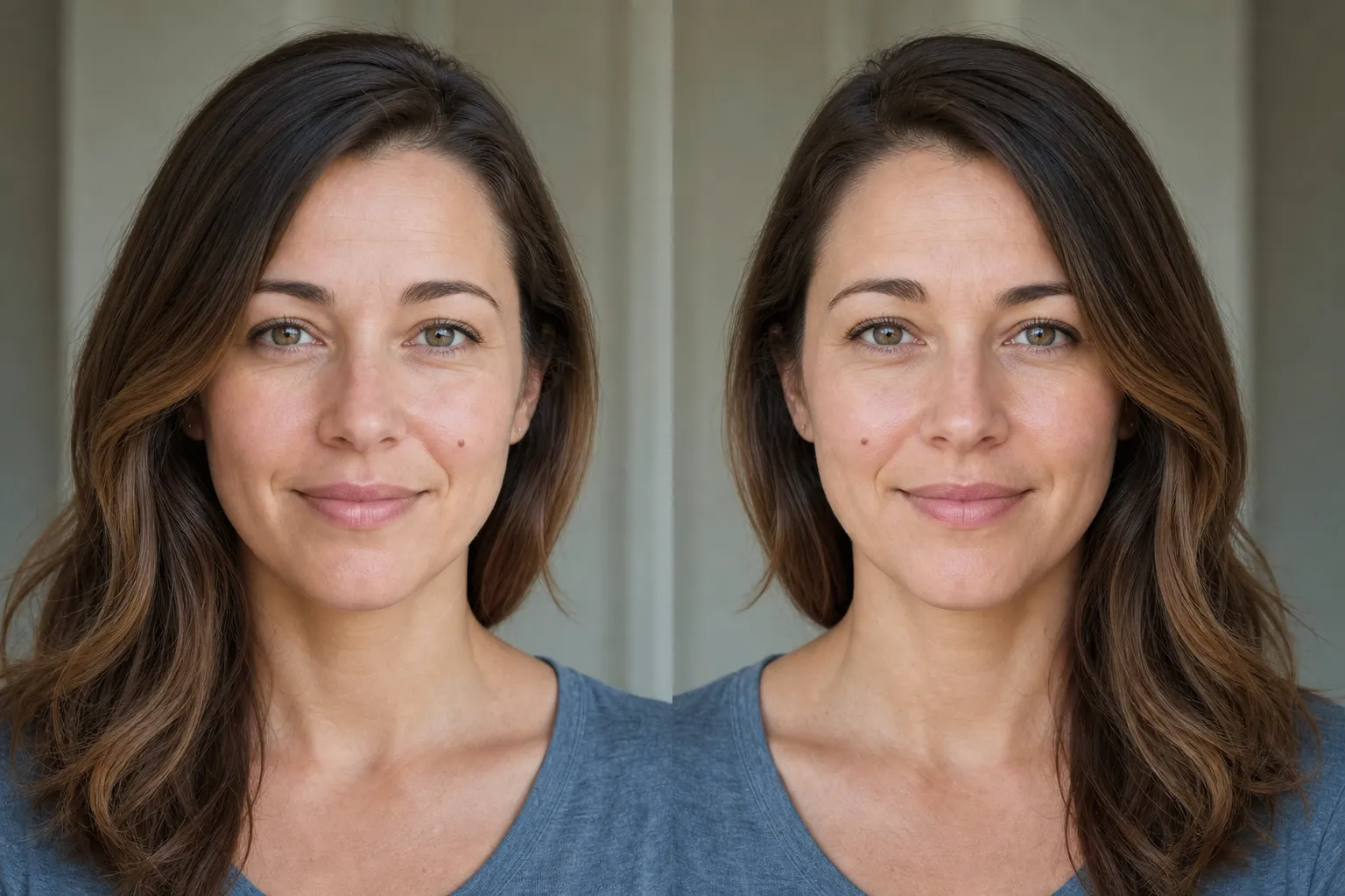 The same woman's face shown twice, the left panel mirror-flipped like her reflection and the right panel the un-flipped version a camera captures, with her natural asymmetry sitting on opposite sides.
