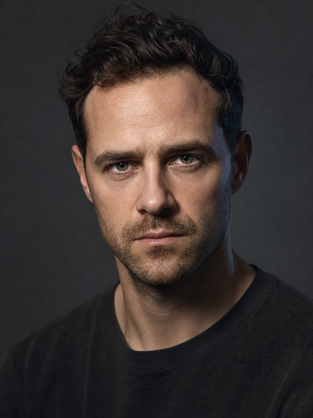 A theatrical acting headshot example: directional higher-contrast light, a serious present expression, a darker backdrop and muted top, reading as character-driven and watch-me.