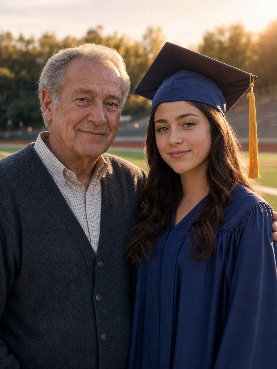 AI-generated graduation portrait of a high-school graduate in cap and gown standing next to her late grandfather, his face identity-locked from a separate uploaded reference photo, wearing a period-correct late-1980s charcoal cardigan and pale checked shirt, both faces lit by the same warm afternoon ceremony light.