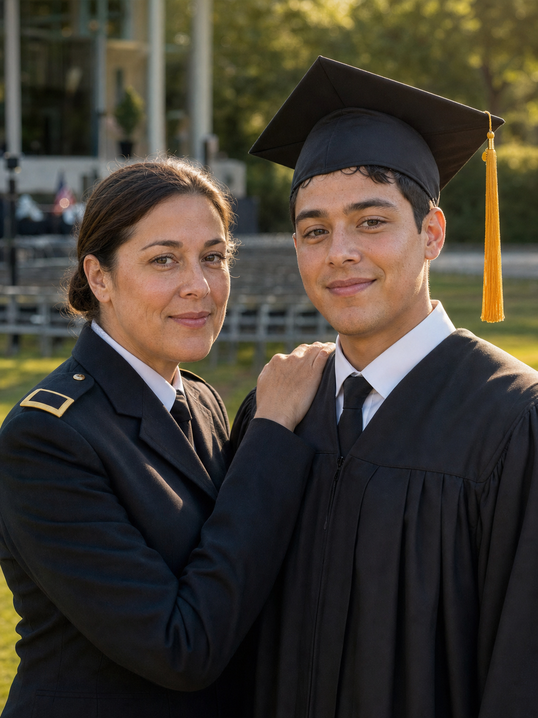 AI-generated graduation portrait of a college graduate in cap and gown standing next to his deployed parent in generic dark dress uniform, her face identity-locked from a separate uploaded reference photo, no readable service-branch insignia, both faces lit by the same warm afternoon ceremony light.