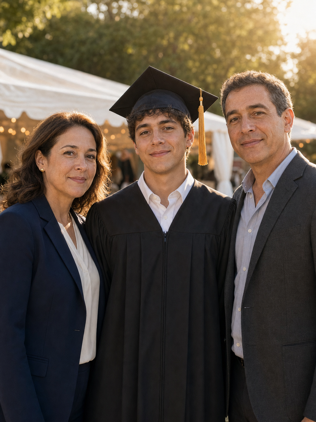 AI-generated graduation portrait of a graduate in cap and gown standing between their divorced mother and father, all three faces identity-locked from separate uploaded reference photos, both parents in modest current-decade outfits, lit by the same warm afternoon ceremony light, with restrained body language between the parents.