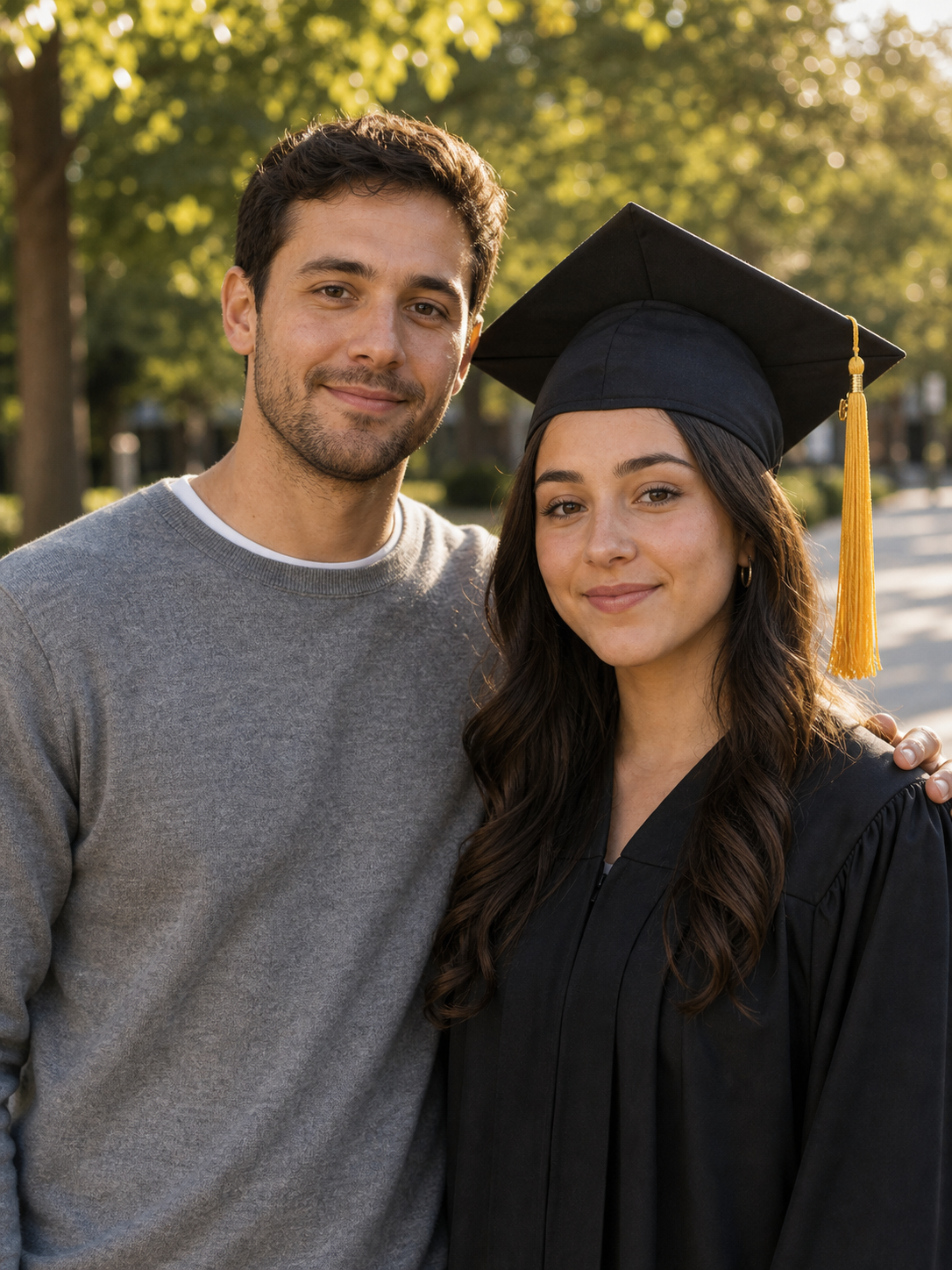 AI-generated graduation portrait of a college graduate in cap and gown standing next to her older brother who couldn't fly in for the ceremony, his face identity-locked from a separate uploaded reference photo, wearing a current-decade heather-grey crewneck sweater, both faces lit by the same warm afternoon ceremony light.