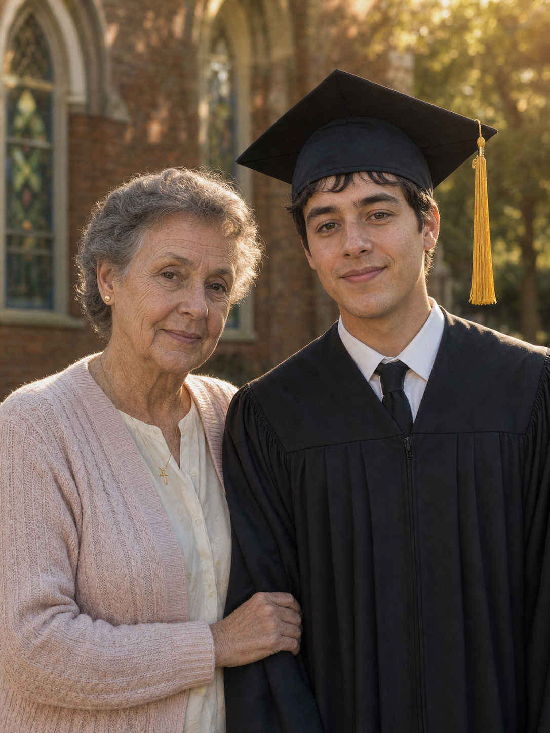 AI-generated graduation portrait of a college graduate in cap and gown standing next to their late grandmother, her face identity-locked from a separate uploaded reference photo, wearing a period-correct mid-1990s soft pink knit cardigan and cream blouse, her actual age lines and skin texture preserved, both faces lit by the same warm afternoon ceremony light.