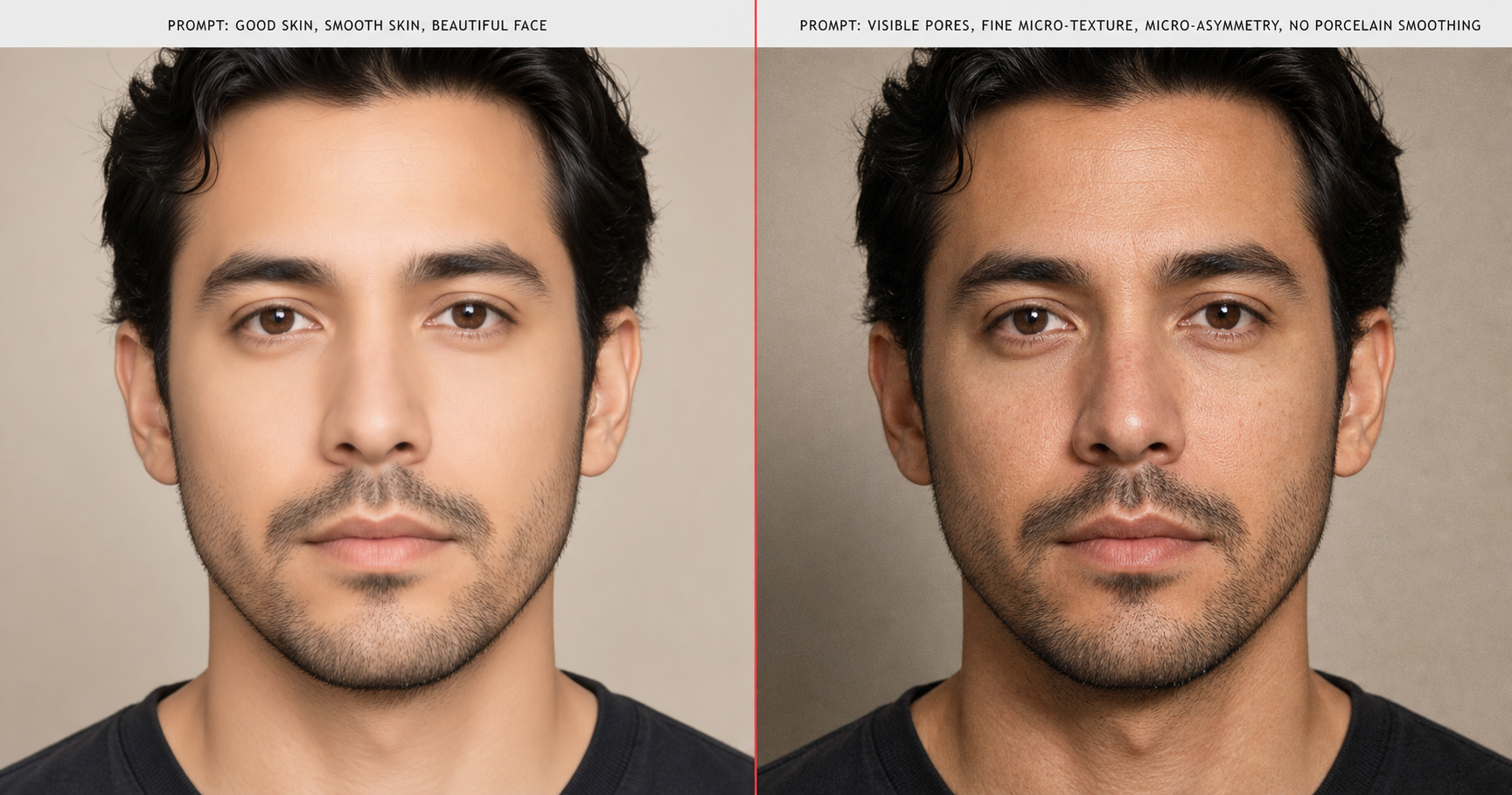 Skin tactic side-by-side: left half prompted with "good skin" produces the porcelain default; right half prompted with "visible pores, fine micro-texture, micro-asymmetry, no porcelain smoothing" produces real photographed human skin on the same face.