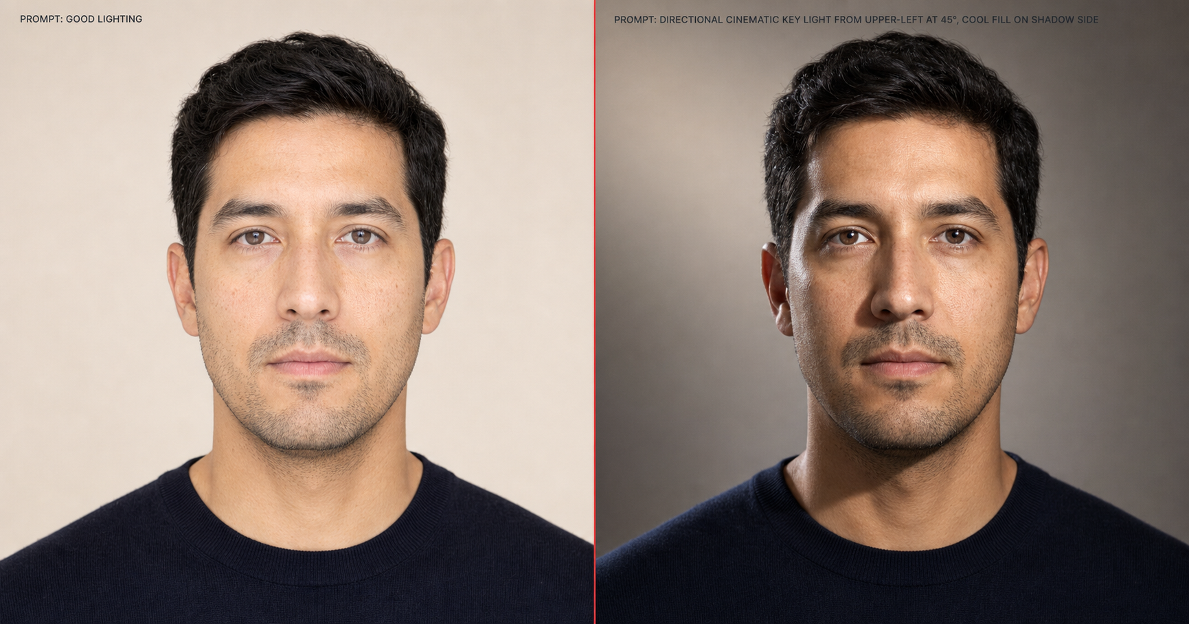 Lighting tactic side-by-side: left half prompted with "good lighting" produces a flat passport-style frontal wash; right half prompted with "directional cinematic key light from upper-left at 45°, cool fill on shadow side" produces a defined editorial shadow shape and visible eye catchlight.