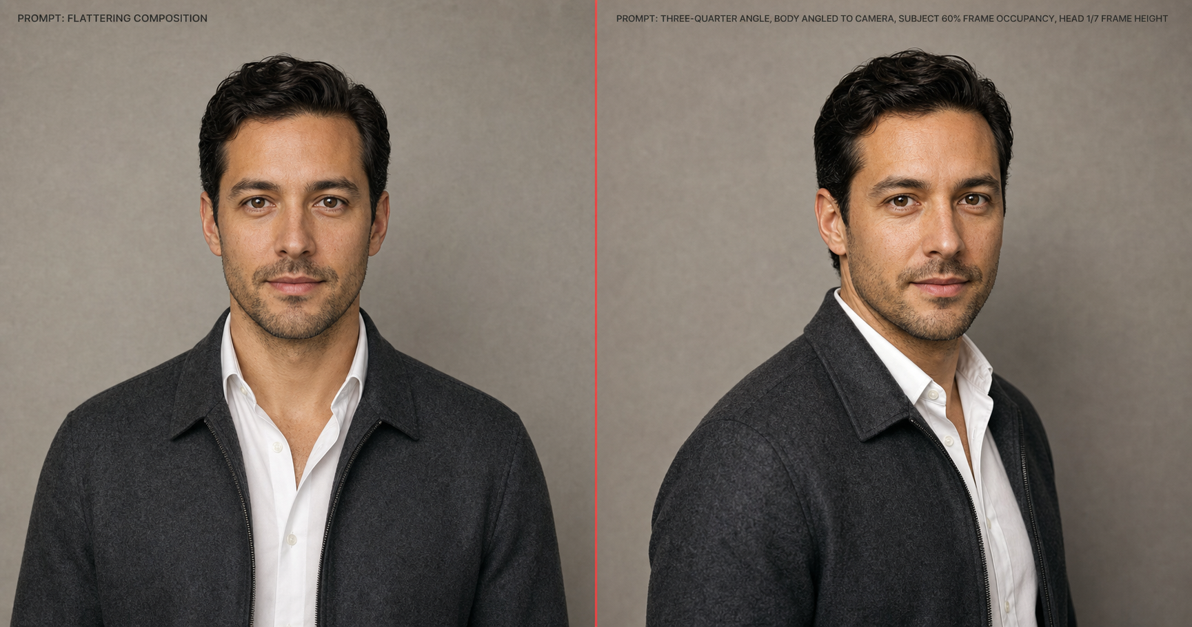 Composition tactic side-by-side: left half prompted with "flattering composition" produces a dead-centered front-facing stock headshot; right half prompted with explicit fractions (three-quarter angle, 60% frame occupancy, head 1/7 frame height) produces a deliberately framed editorial portrait of the same face.