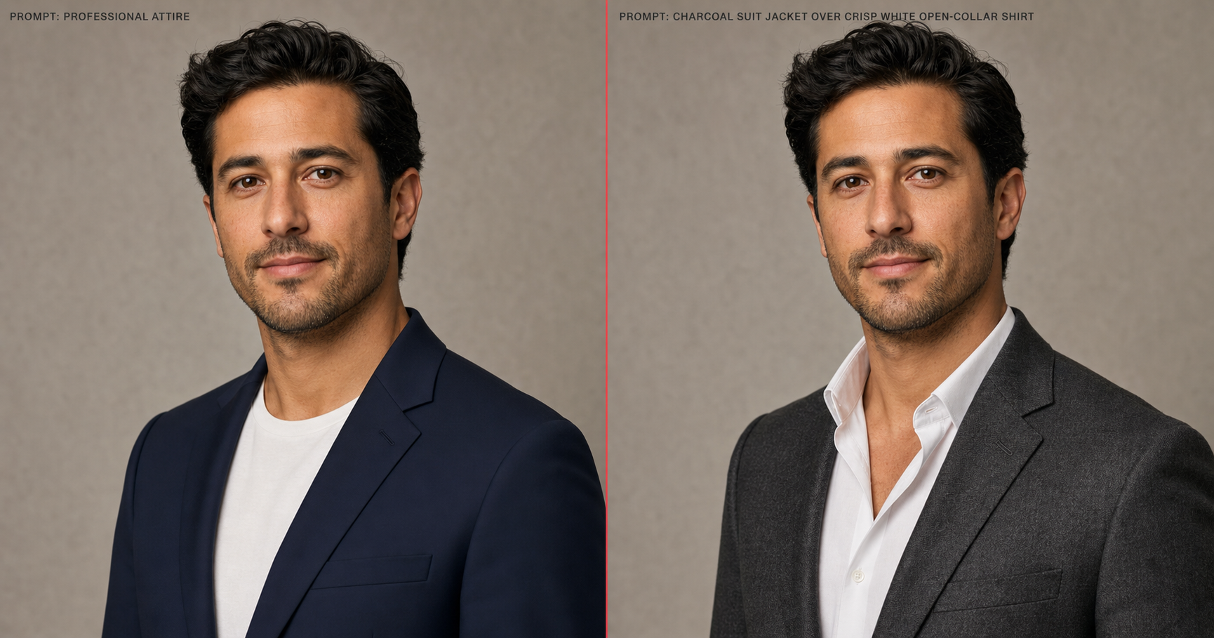 Attire tactic side-by-side: left half prompted with "professional attire" produces the generic AI-default navy blazer with no visible textile texture; right half prompted with "charcoal suit jacket over crisp white open-collar shirt" produces wardrobe that reads as real photographed garments with visible wool weave and cotton fold.