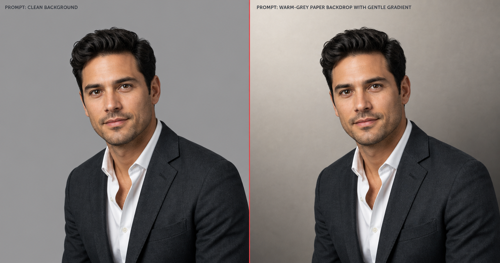 Background tactic side-by-side: left half prompted with "clean background" produces the generic featureless grey infinity-cove studio; right half prompted with "warm-grey paper backdrop with gentle gradient" produces a named photographic surface with subtle gradient and depth behind the same founder portrait.
