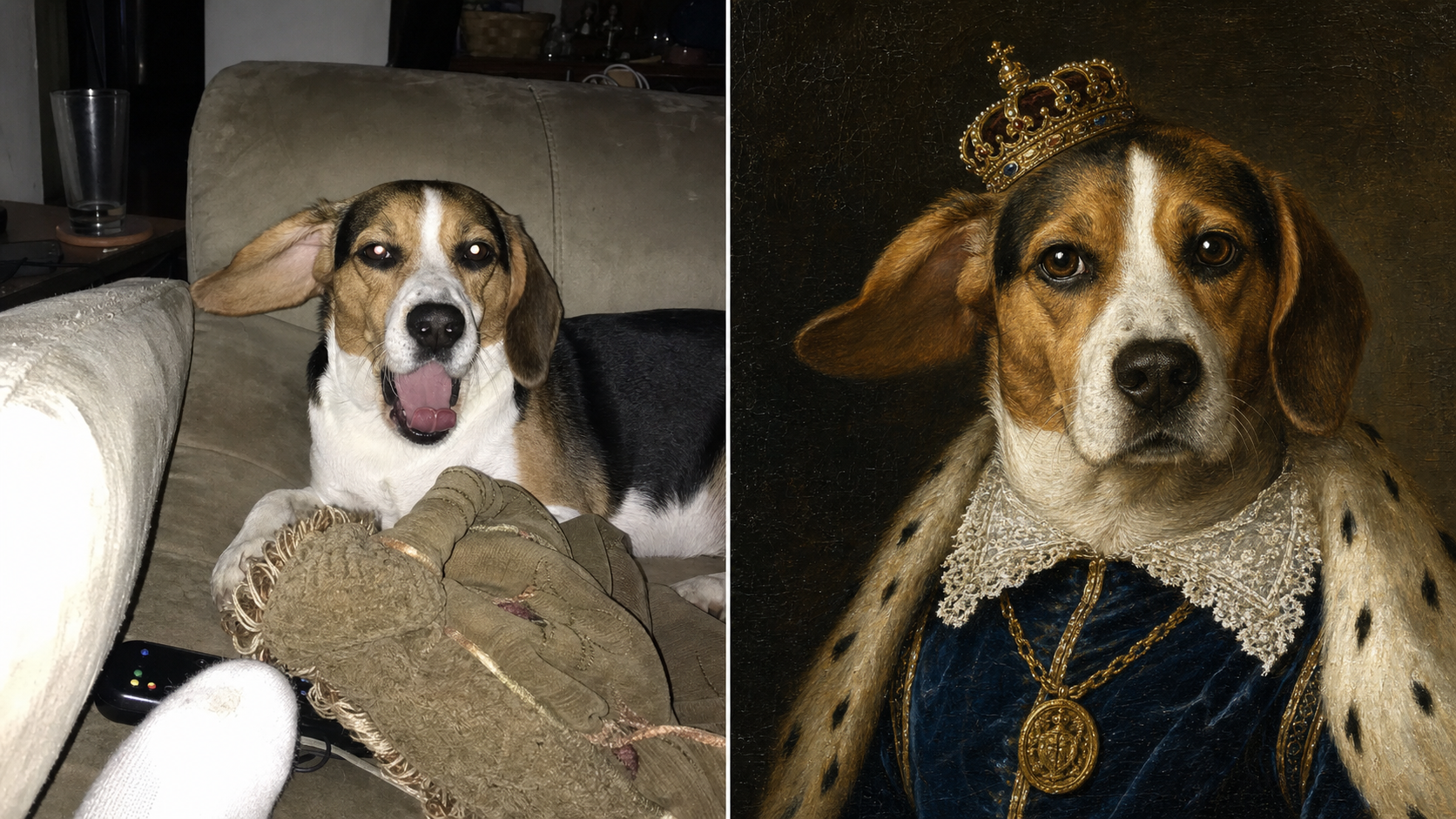 Before-and-after diptych showing on the left an unflattering phone snapshot of a tricolor beagle mid-yawn on a worn couch with on-camera flash, and on the right the same beagle rendered as a 17th-century European noble in an oil-painting royal portrait with velvet doublet, ermine collar, miniature crown, and gold medallion against a deep-umber background, the AI before-and-after of the royal pet portrait prompt.