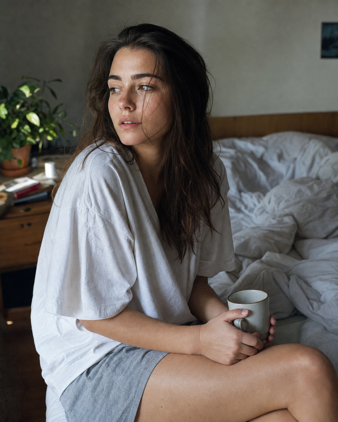 An AI photoshoot documentary-candid look: a woman at home with a mug in soft window light, a natural lifestyle portrait.