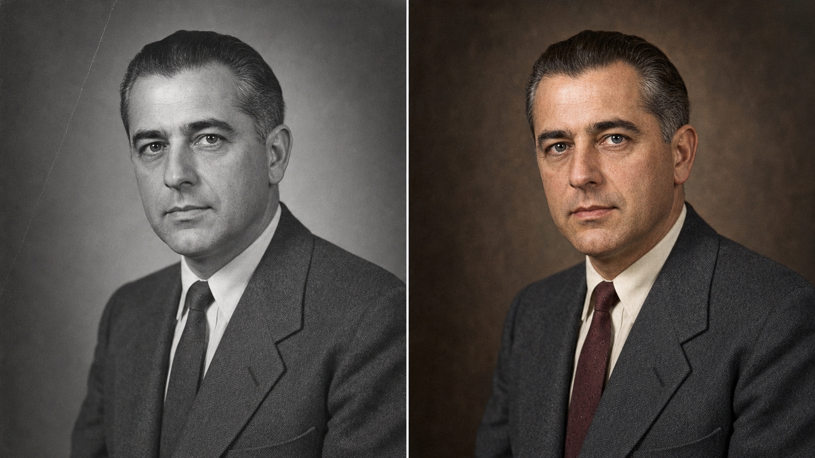Before/after of a 1940s black-and-white studio portrait of a man in a suit, colorized on the right with a muted period-correct palette of charcoal wool, cream shirt, muted maroon tie, and natural skin, keeping the same face.