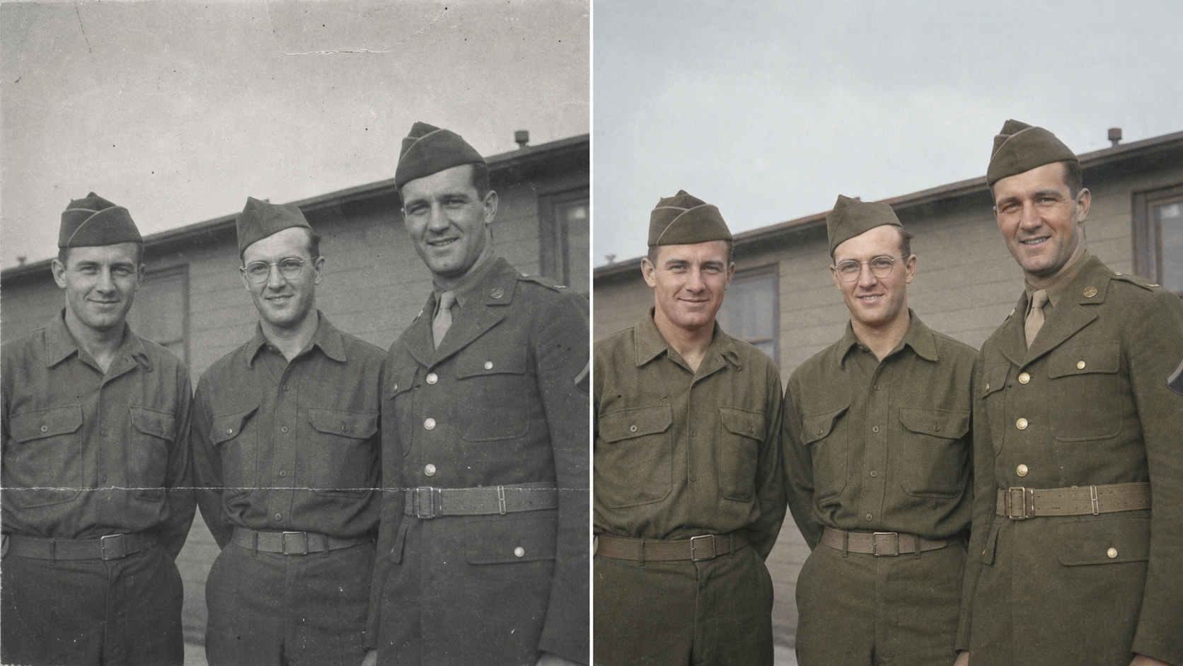 Before/after of a 1944 black-and-white photo of three servicemen, colorized on the right with period-correct muted olive-drab uniforms, dull-gold buttons, and natural skin against a pale overcast sky, keeping each man's face unchanged.