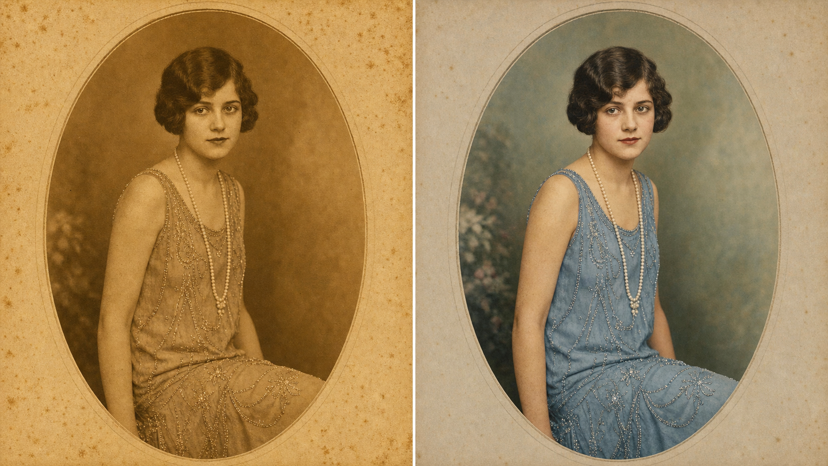Before/after of a 1920s sepia portrait of a young woman, colorized on the right out of uniform amber sepia into restrained separated period color, dusty-blue beaded dress, warm ivory skin, dark bobbed hair, keeping the same face.