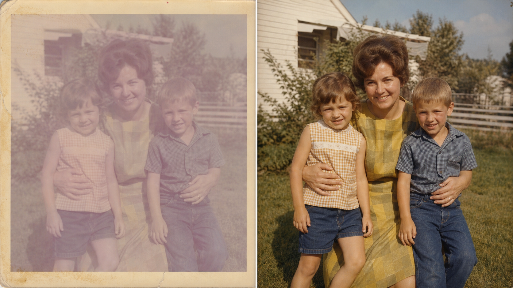 Before/after of a 1968 family snapshot faded almost to grey-magenta, recovered on the right to believable muted late-1960s color with warm skin, a mustard-olive dress palette, and sun-warmed grass, keeping all three faces unchanged.