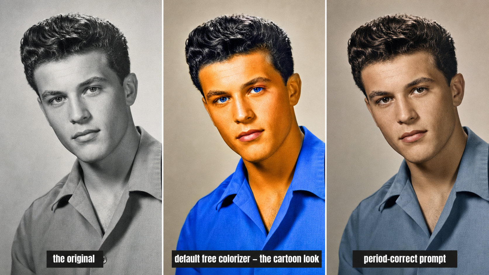 Three-panel contrast of the same 1950s portrait, original black-and-white, the cartoon-colored result a default free colorizer produces with orange skin and candy-blue eyes, and the period-correct result with restrained natural 1950s color and the same face.