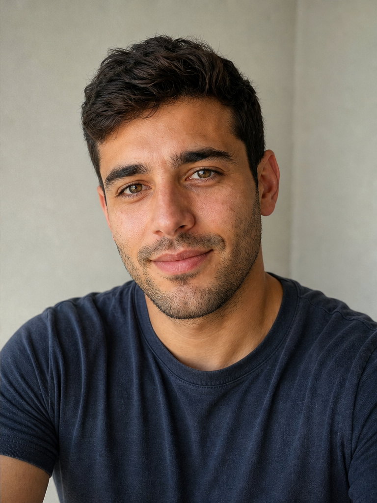 The same man's selfie with the camera above eye level, window light in front, and chin forward, looking natural.