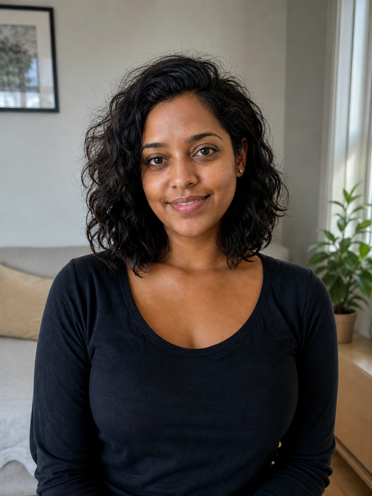 The same woman in a flattering propped-camera shot a few feet back near a window, relaxed and natural.
